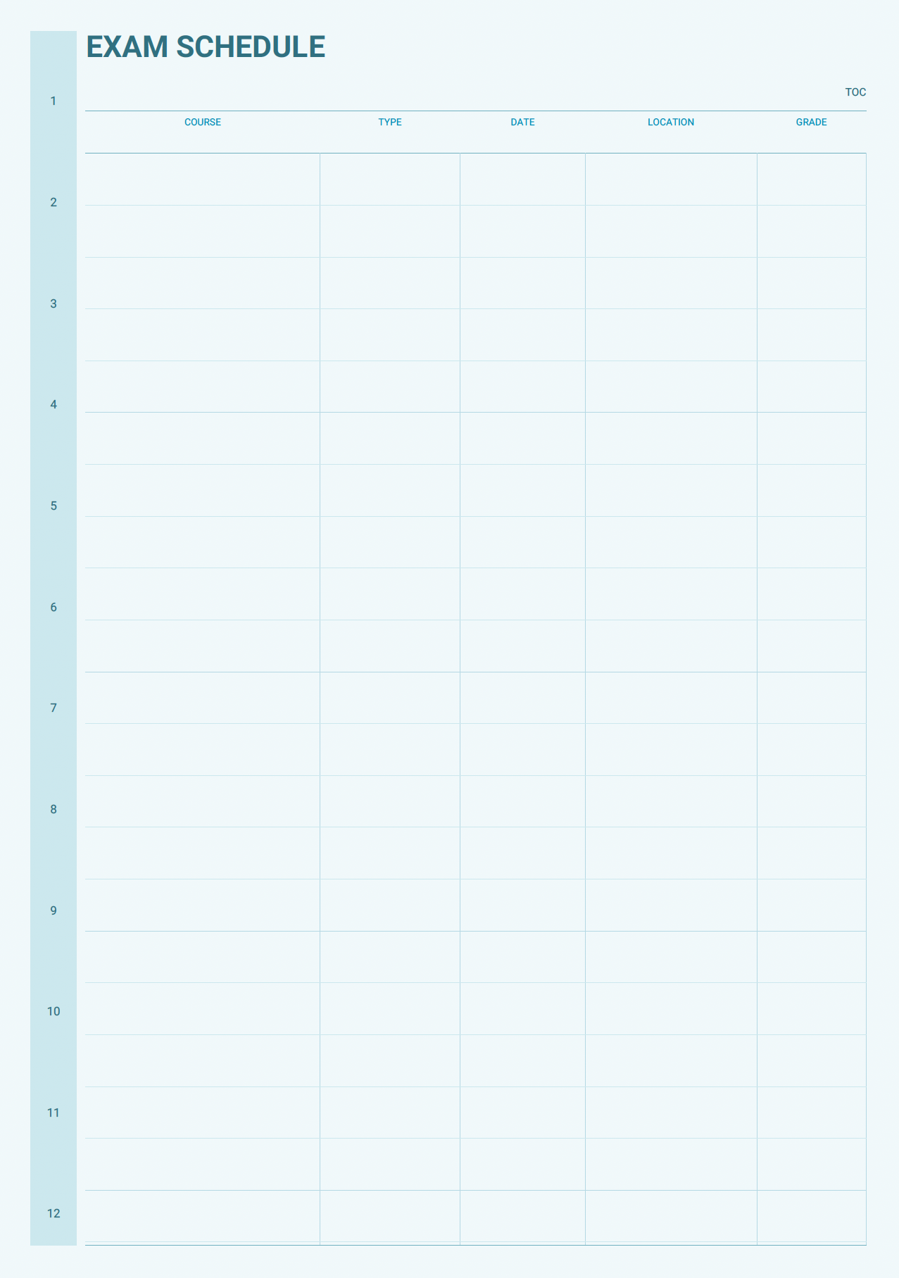 Academic planner exam schedule page