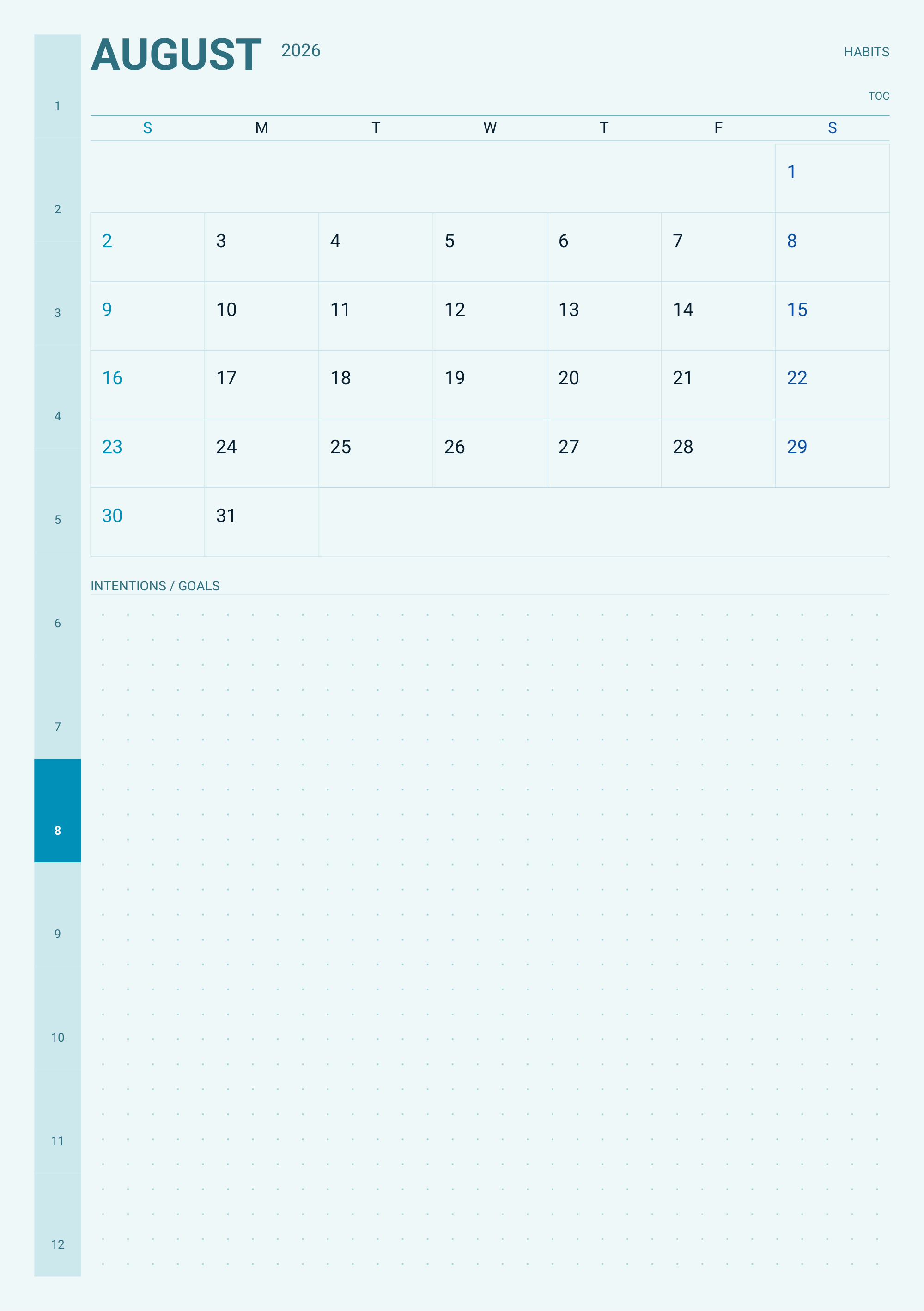 Academic monthly calendar spread