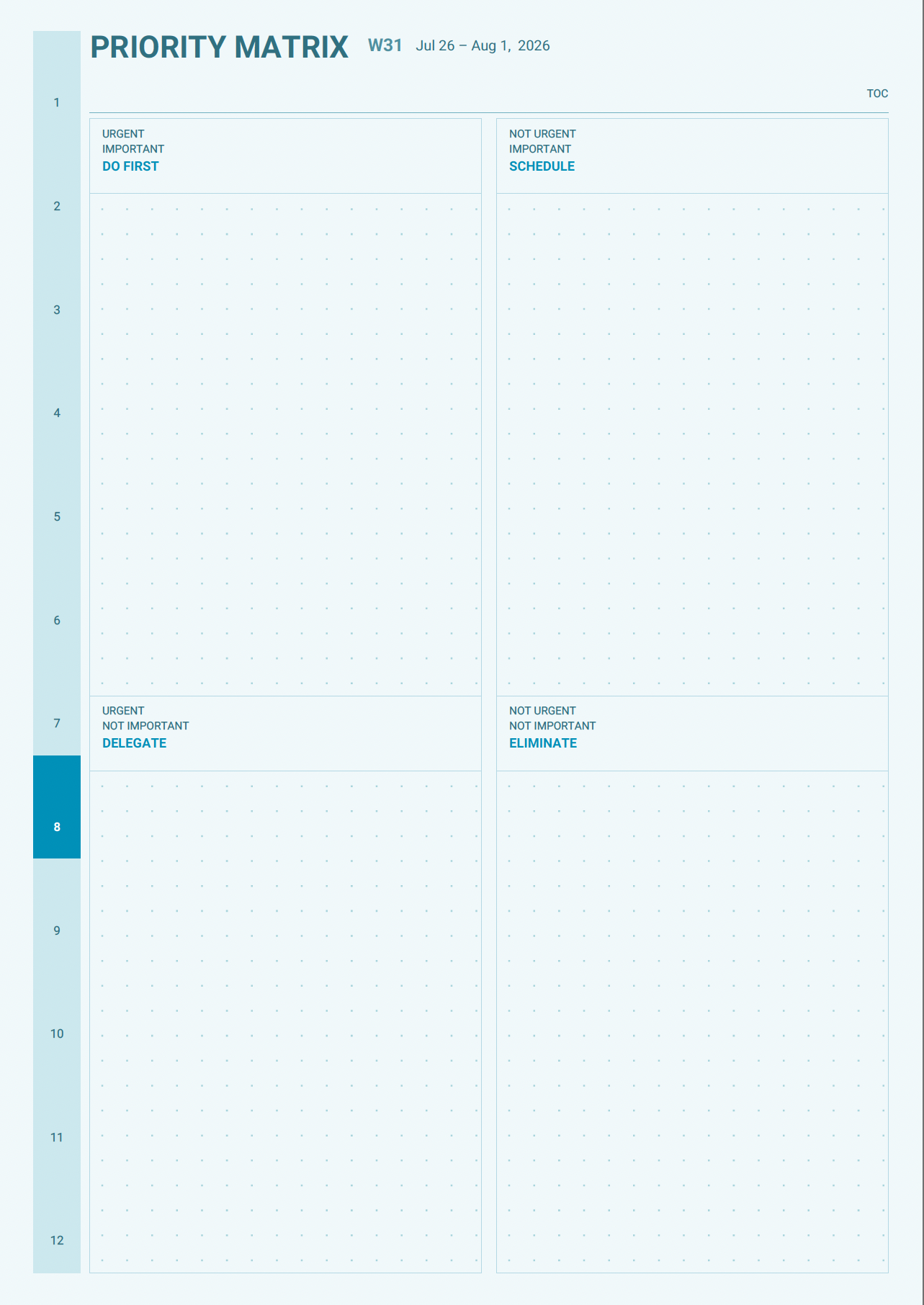 Academic planner priority matrix page