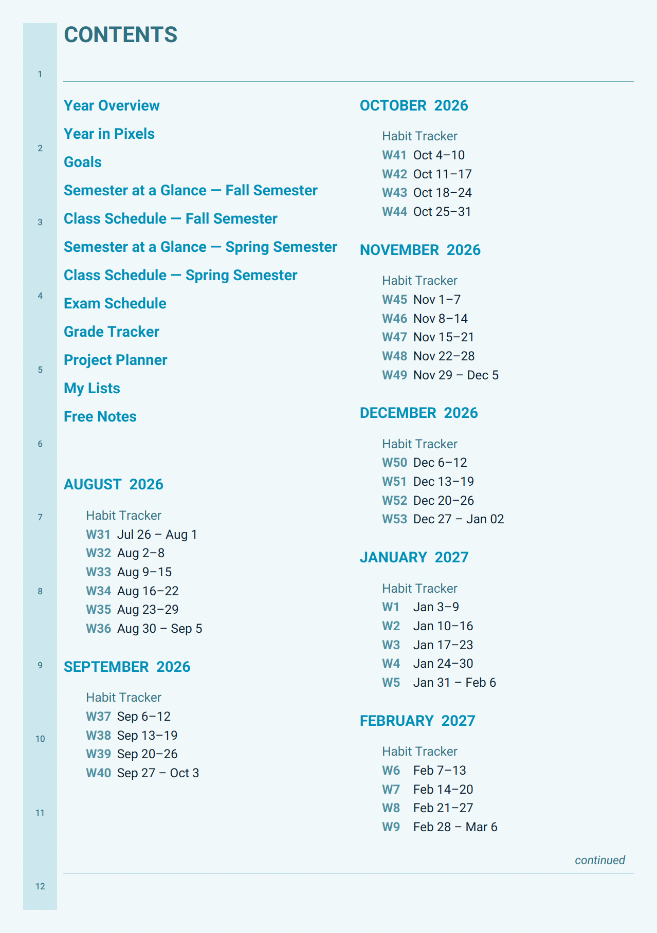 Academic planner table of contents page