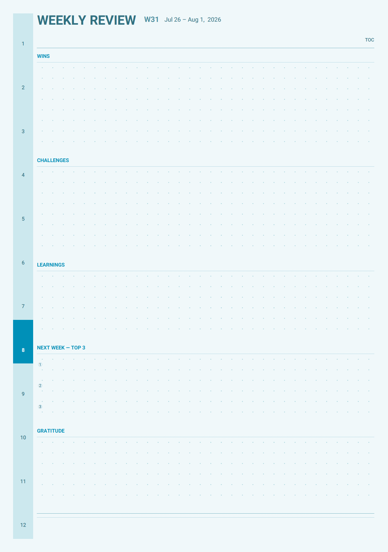 Academic planner weekly review page