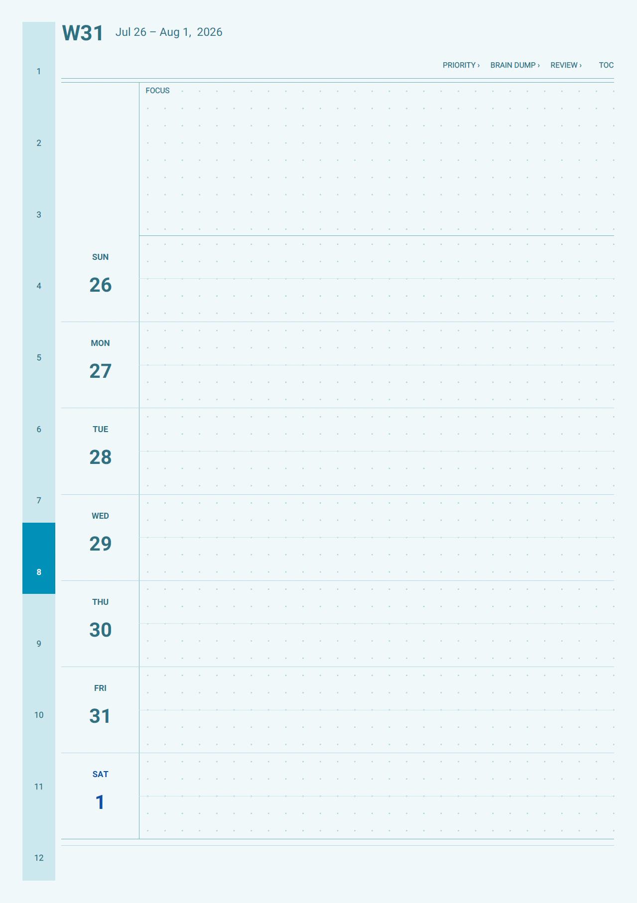 Academic weekly spread with task and schedule columns