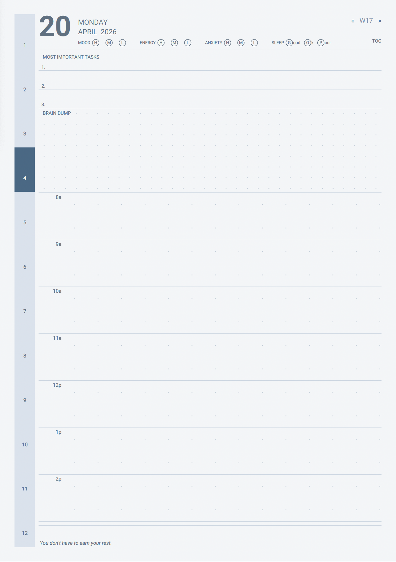 ADHD planner daily page showing focus box, mood and energy trackers