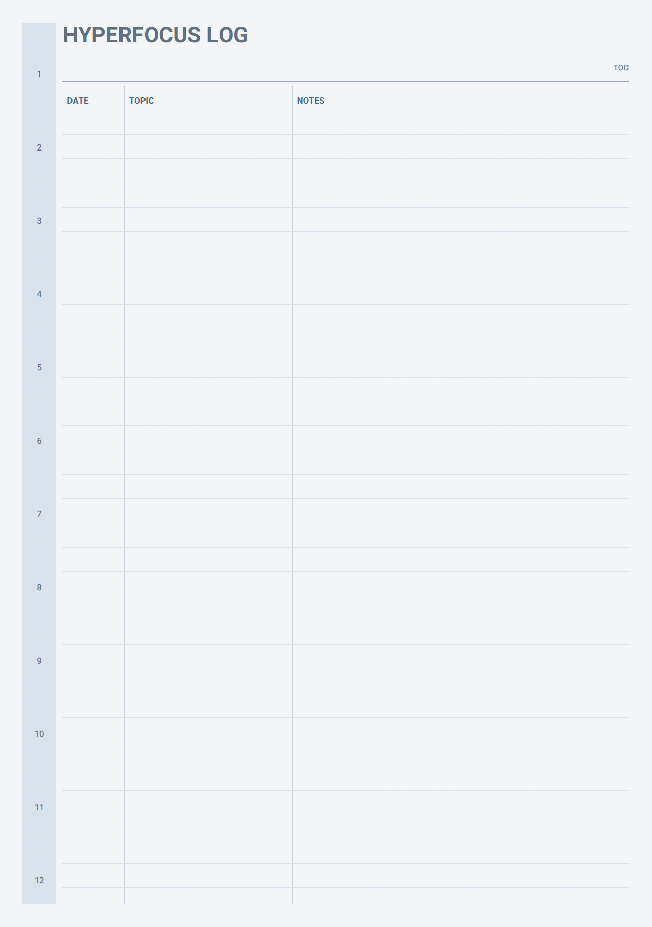 ADHD planner hyperfocus log example