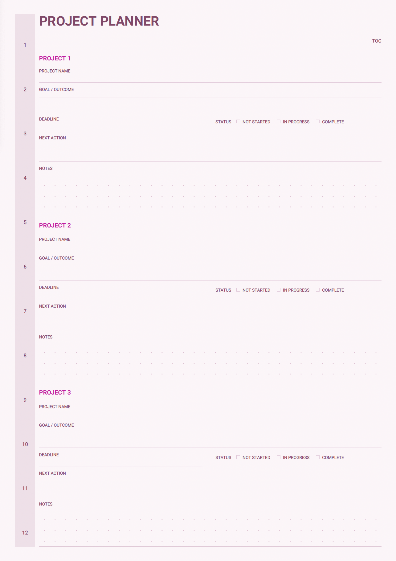 content creator project planner page