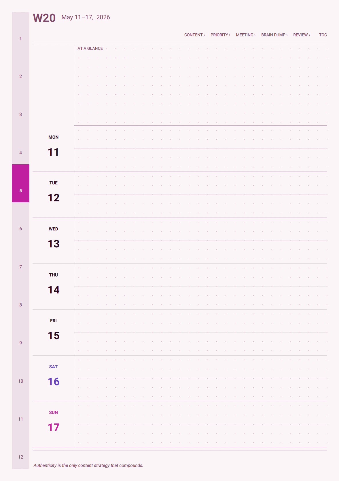 Weekly page for content creators