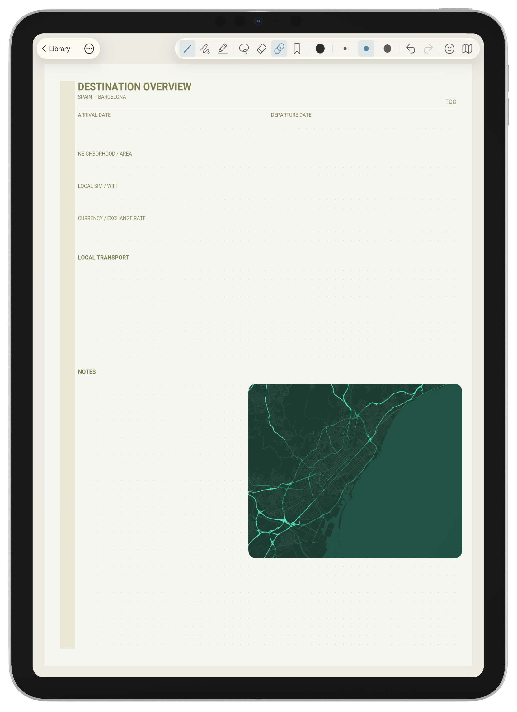 An image of the custom map placed on a page in a Polite Fish travel journal.