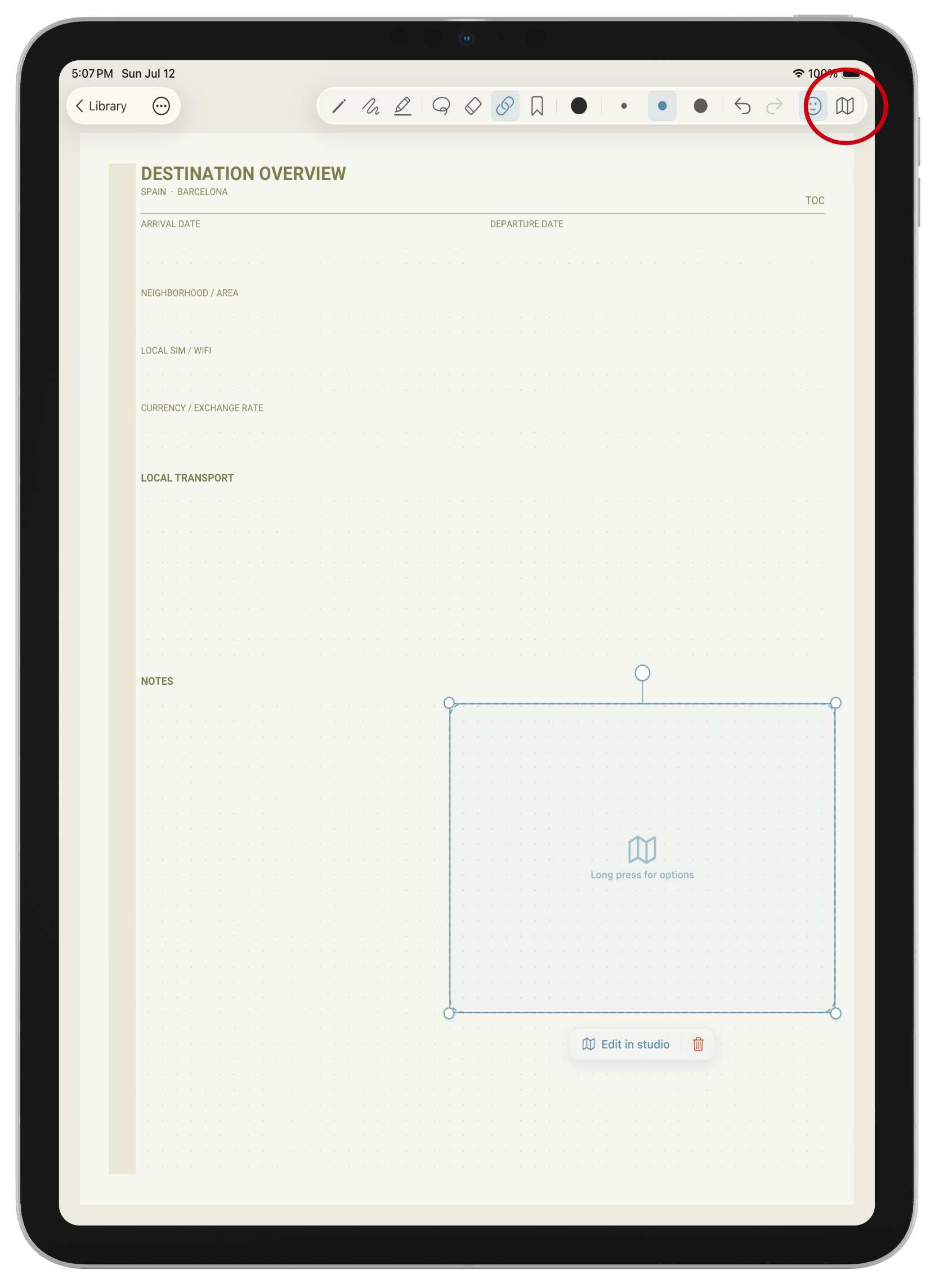 Image of travel journal mockup showing first step in adding custom travel map to page.