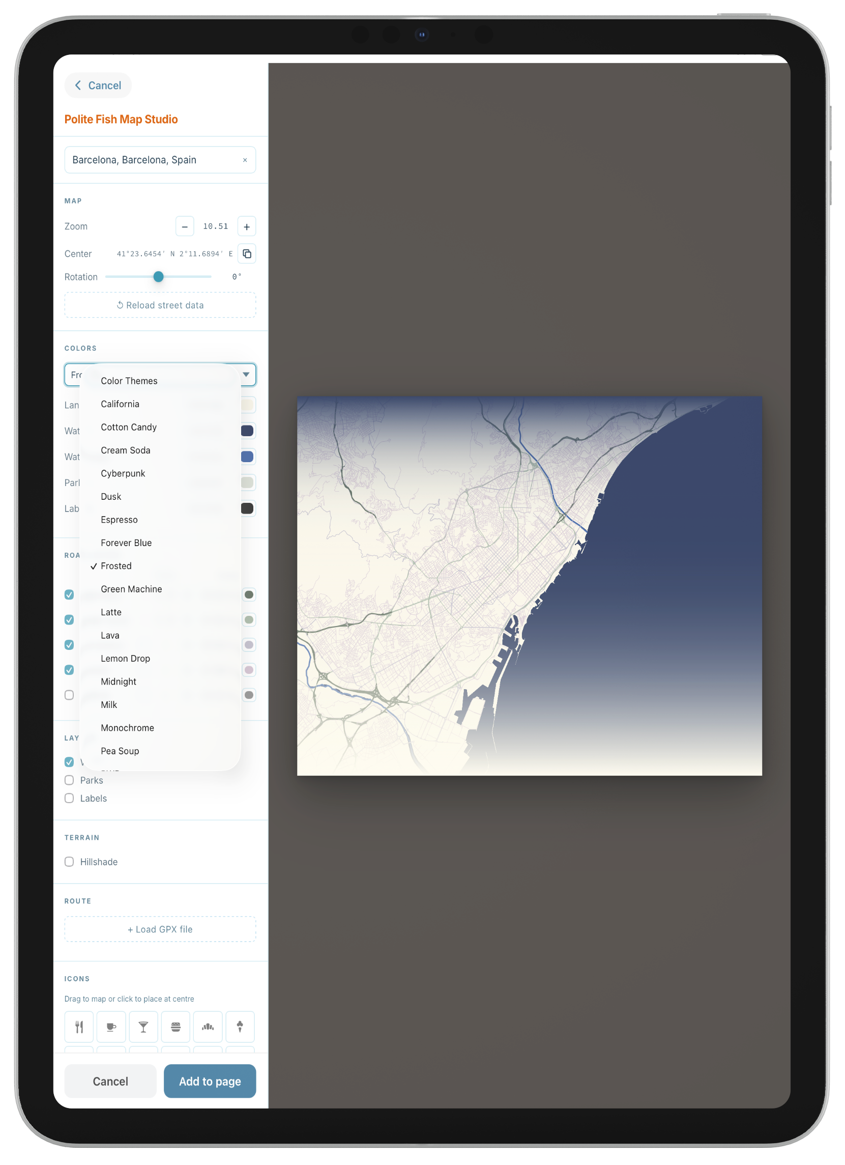 An image of the custom map designer showing the map style presets in the Polite Fish travel journal.