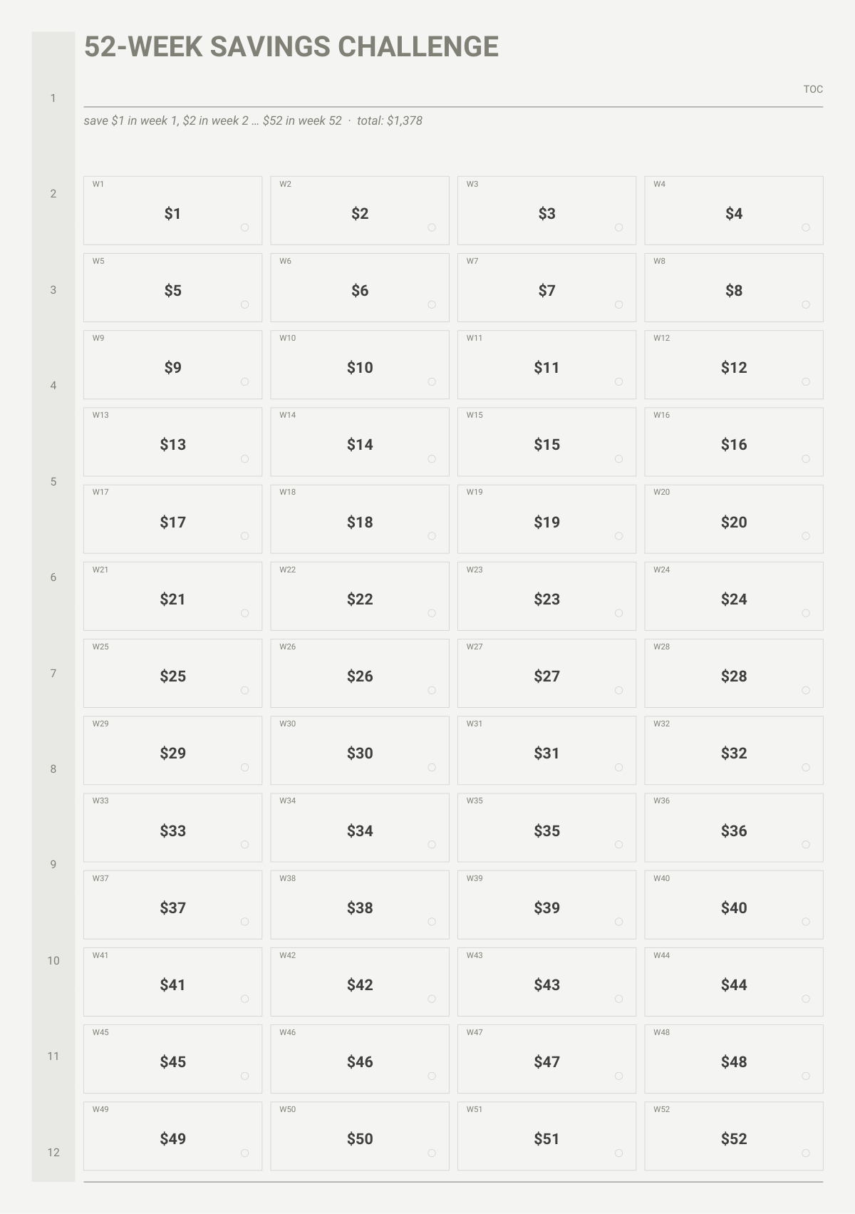 52 weeks savings challenge page