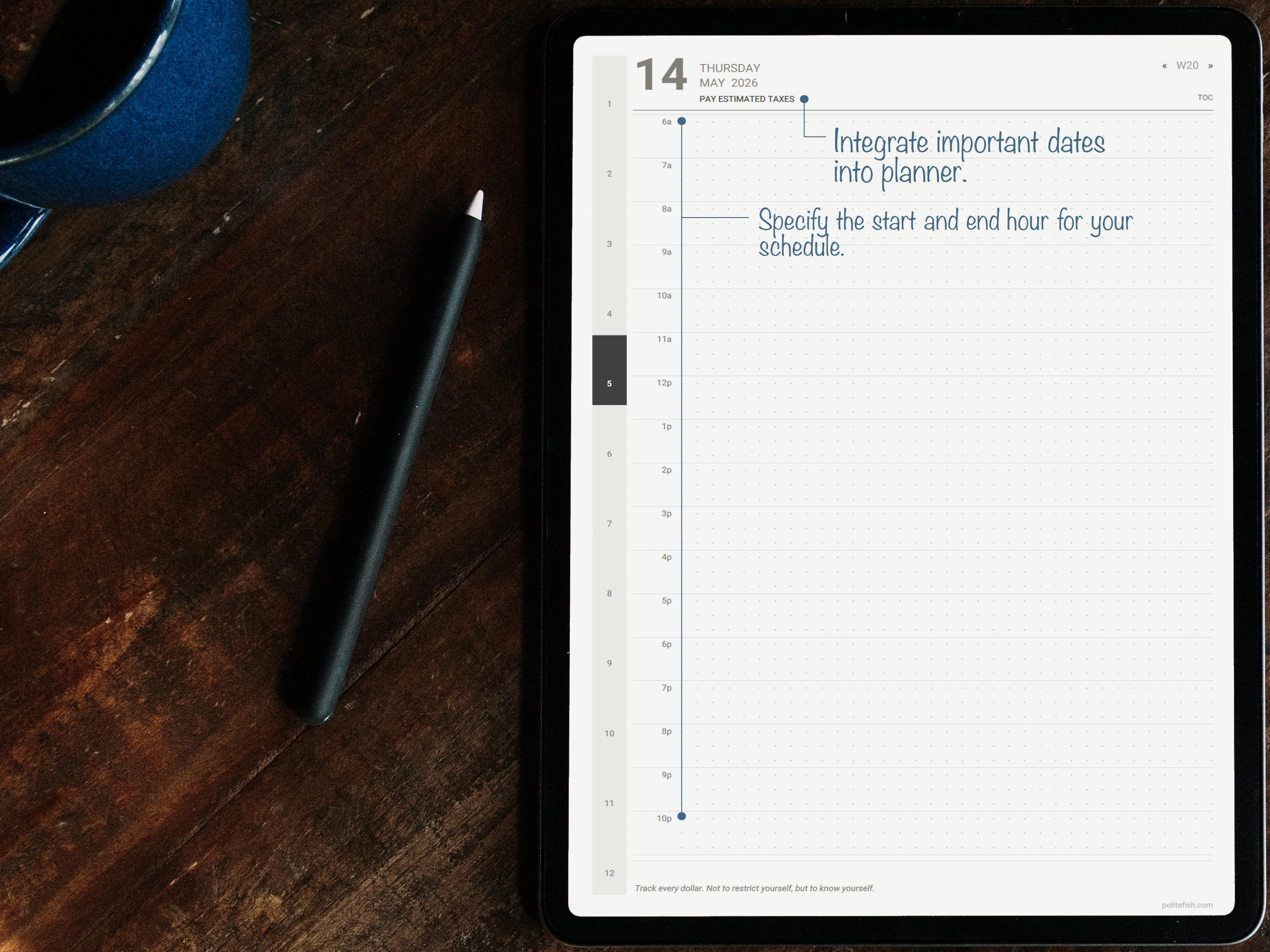 Finance daily page with custom hour range and important dates