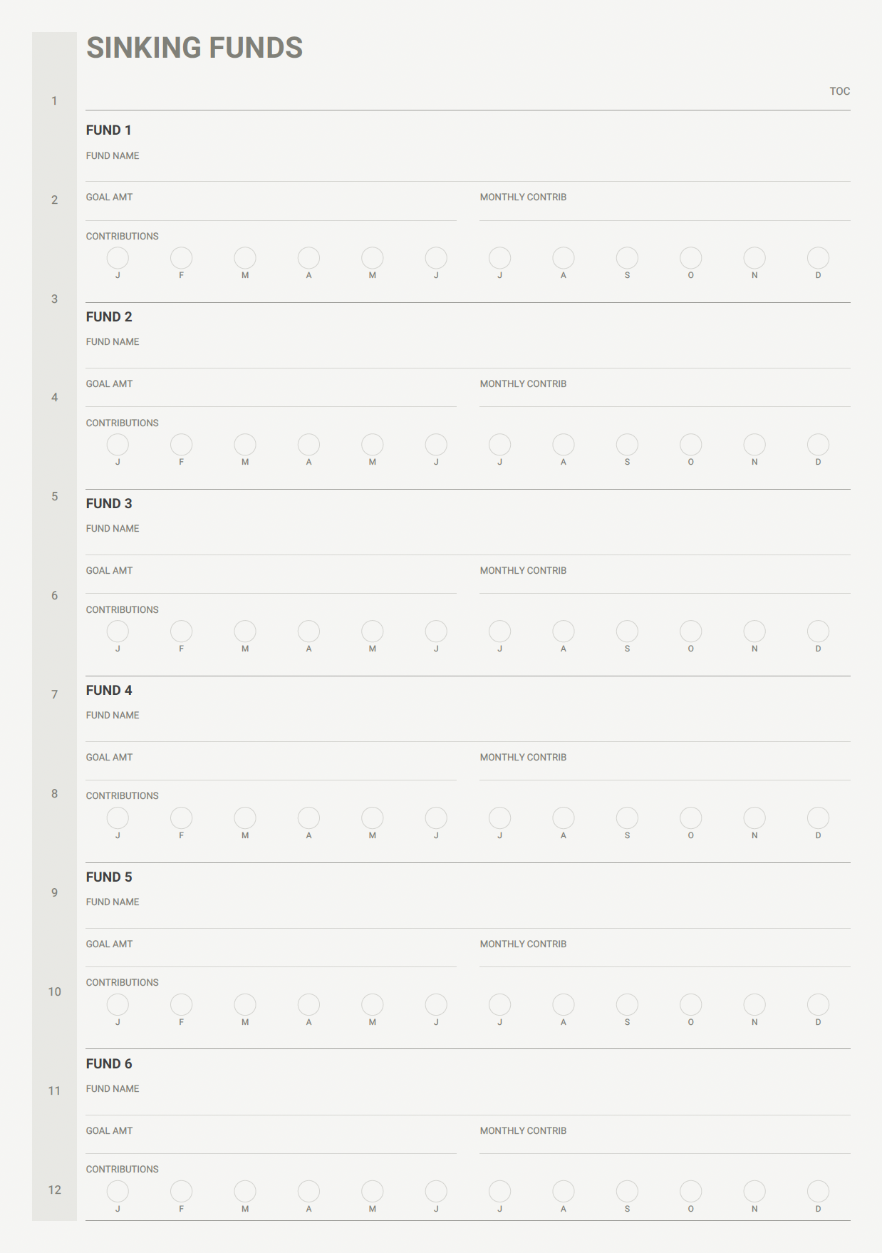 Sinking funds page with 12-circle progress trackers