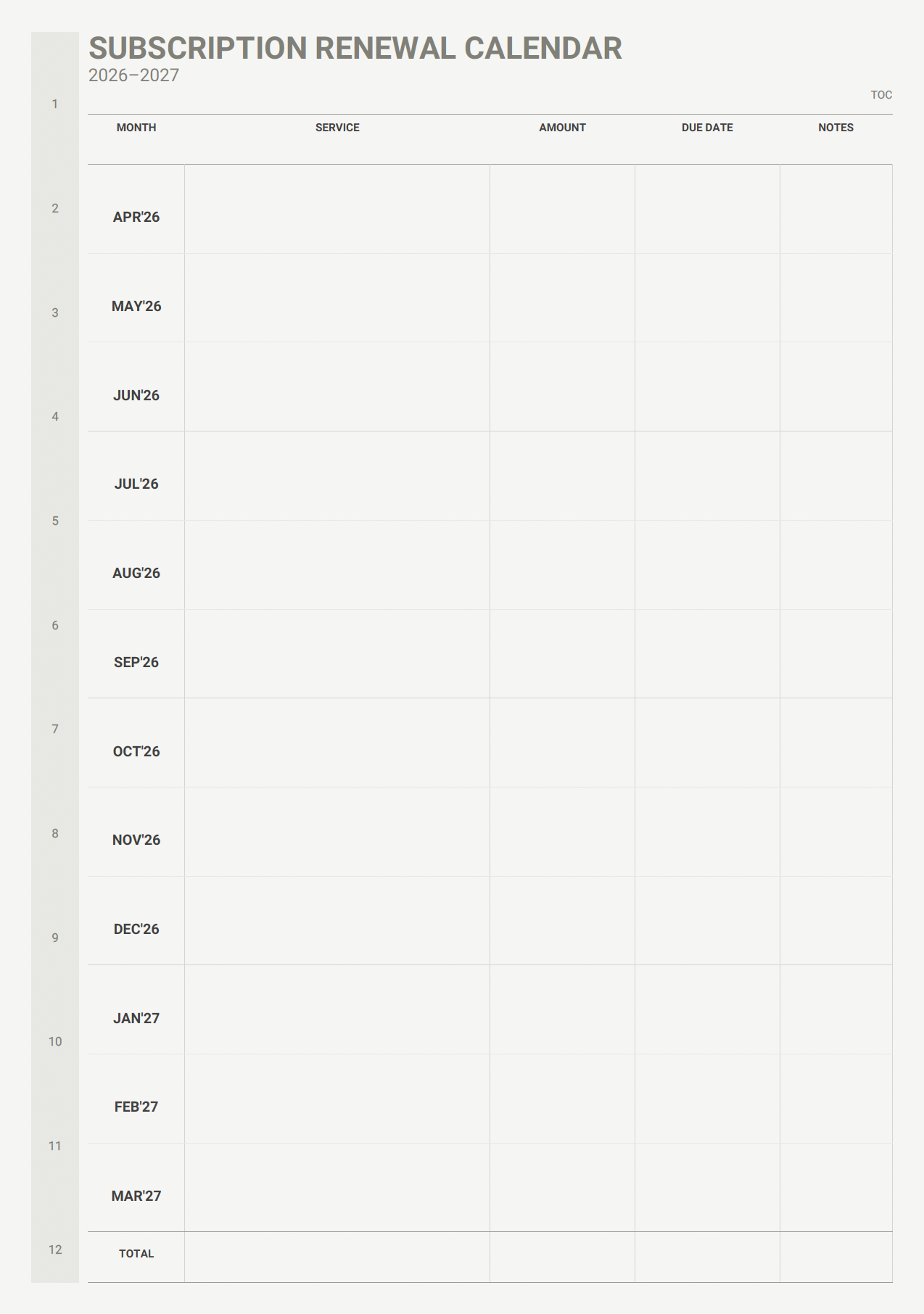 finance subscription renewal calendar page