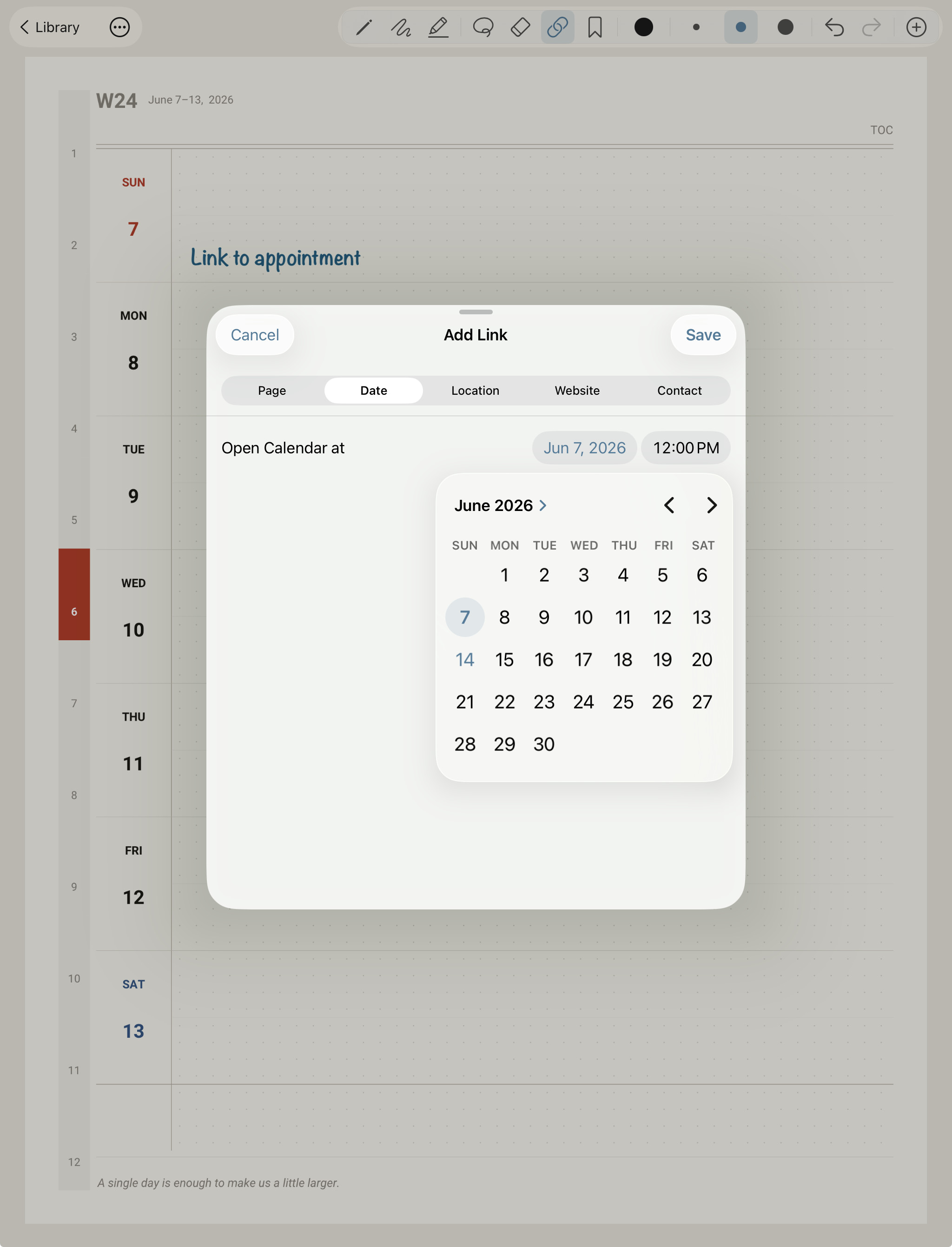 Digital Planner page showing feature to add link from writing to calendar.