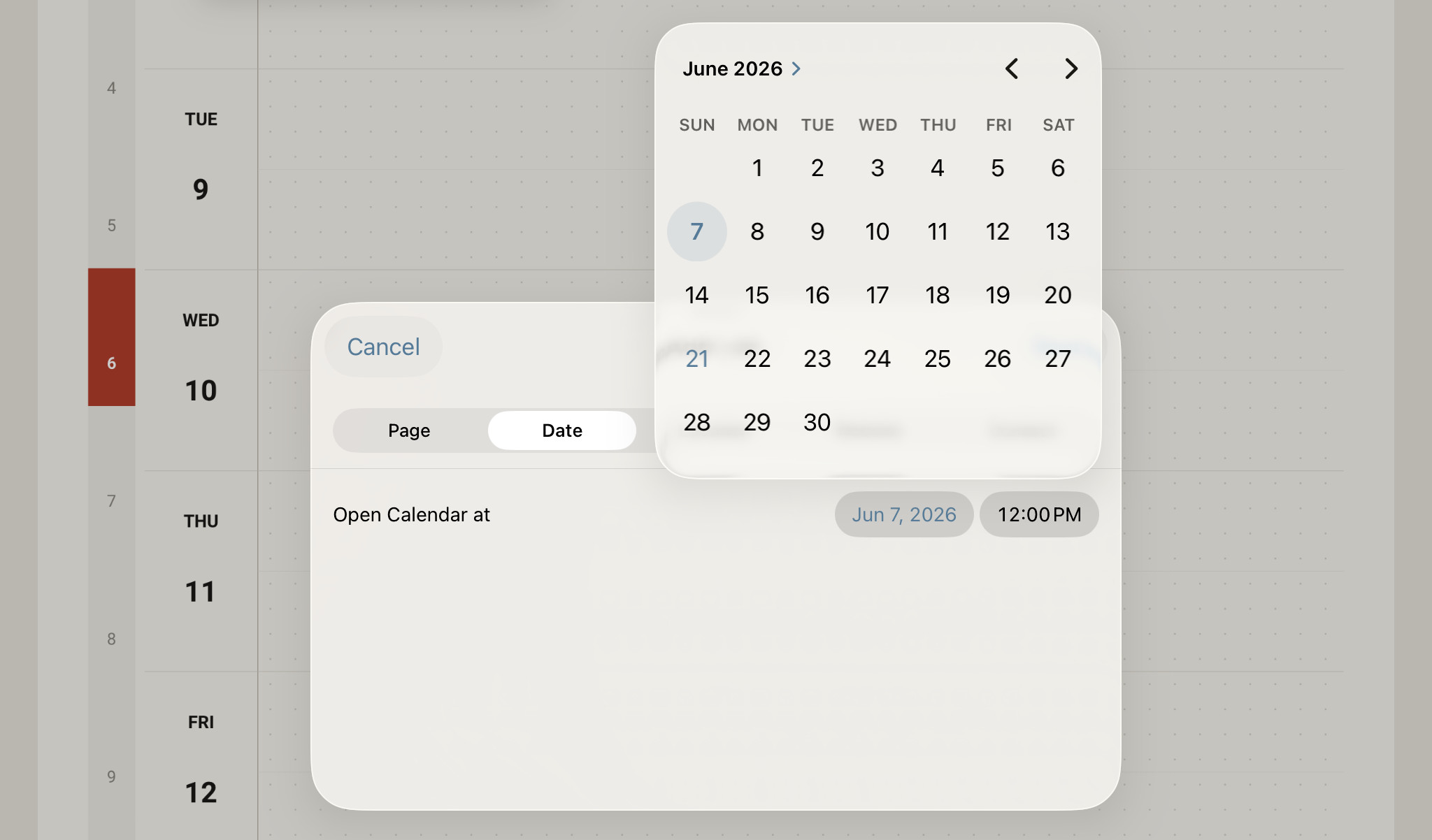 Image of date and time selection view for linking to calendar.