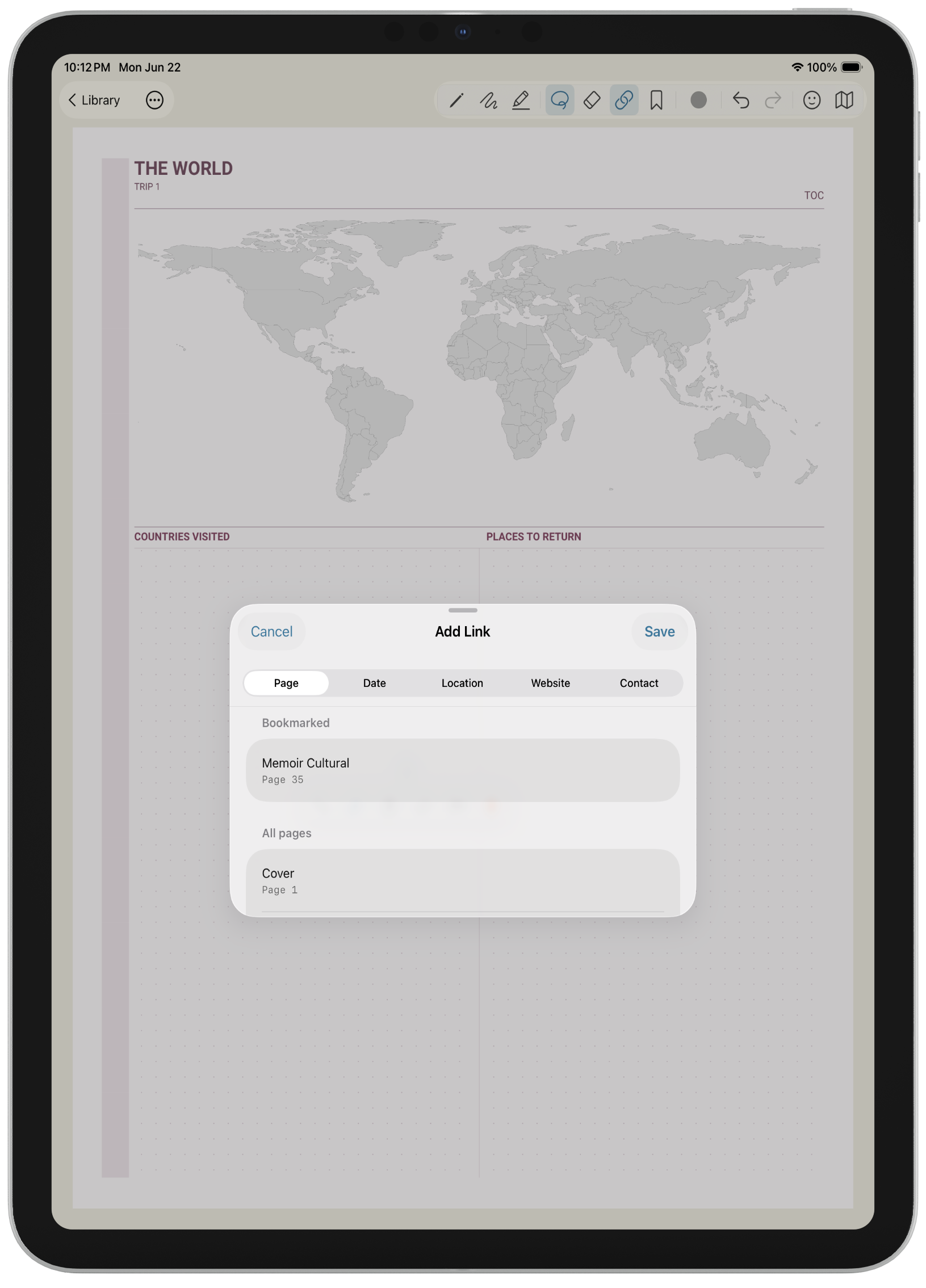 screenshot of polite fish planner world map page with dialog to link to memoir page.