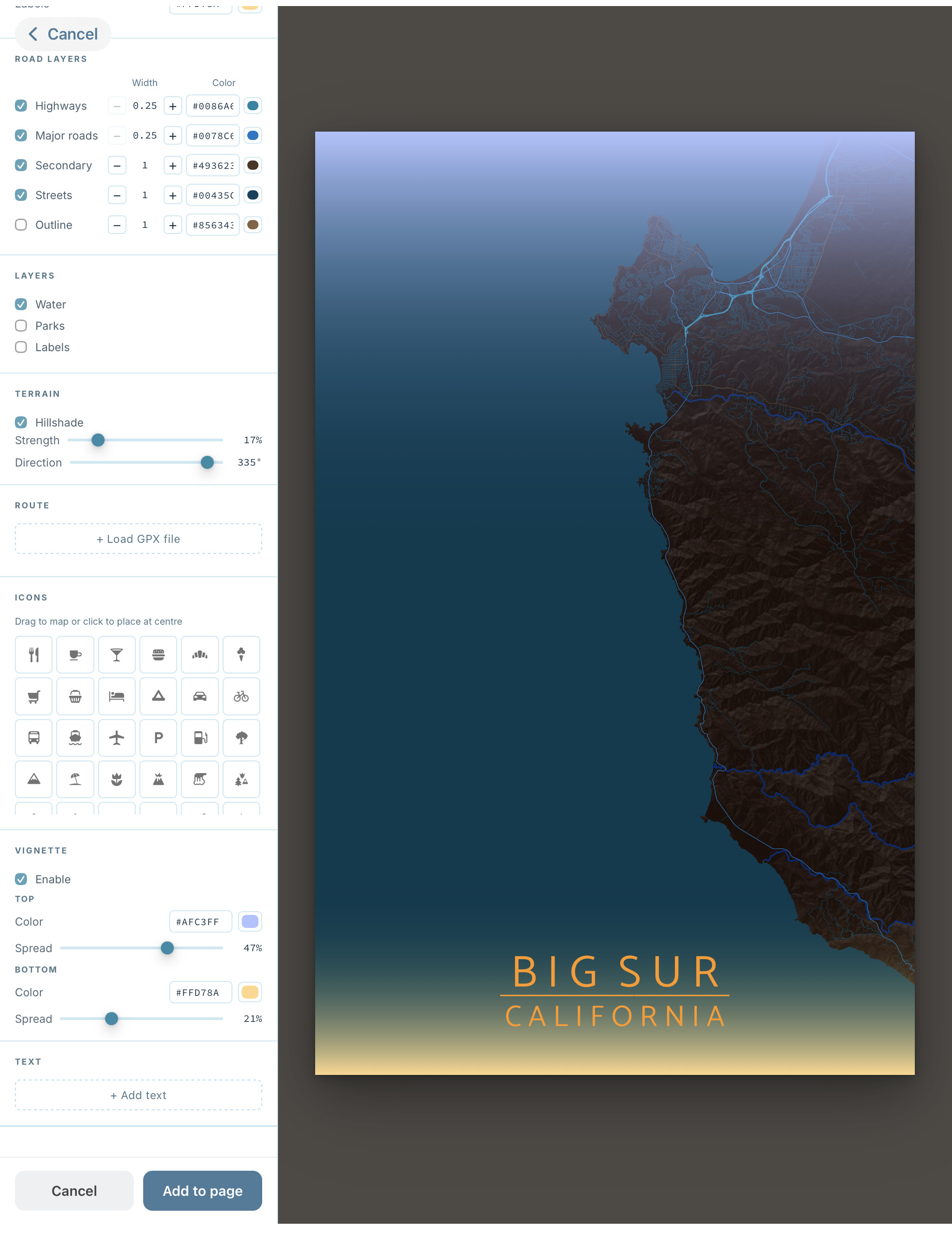 Travel journal map studio showing design of map of big sur.