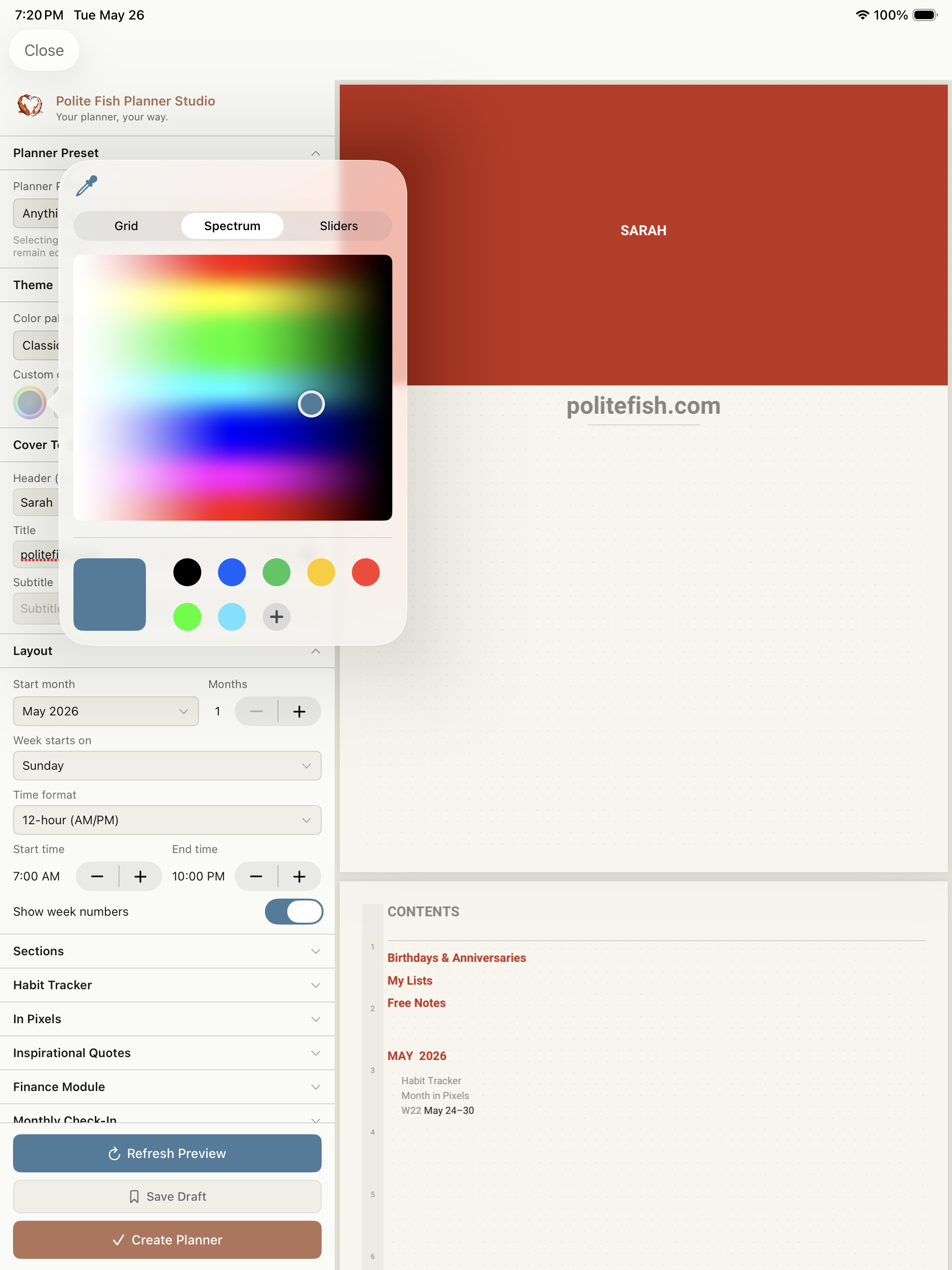The Polite Fish Planner Studio on iPad showing the color picker, layout settings, and module options