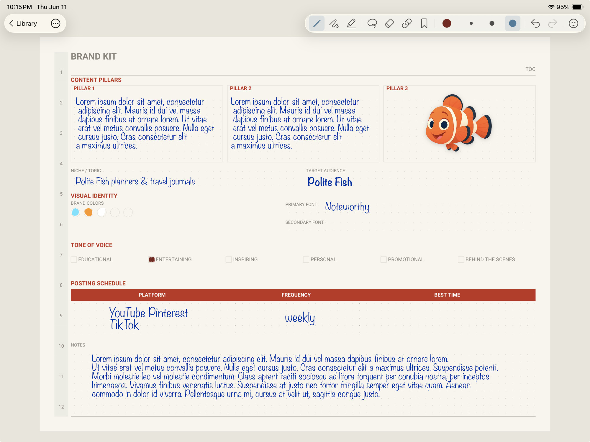The Polite Fish Planner content creator planner brand kit page with fish sticker.