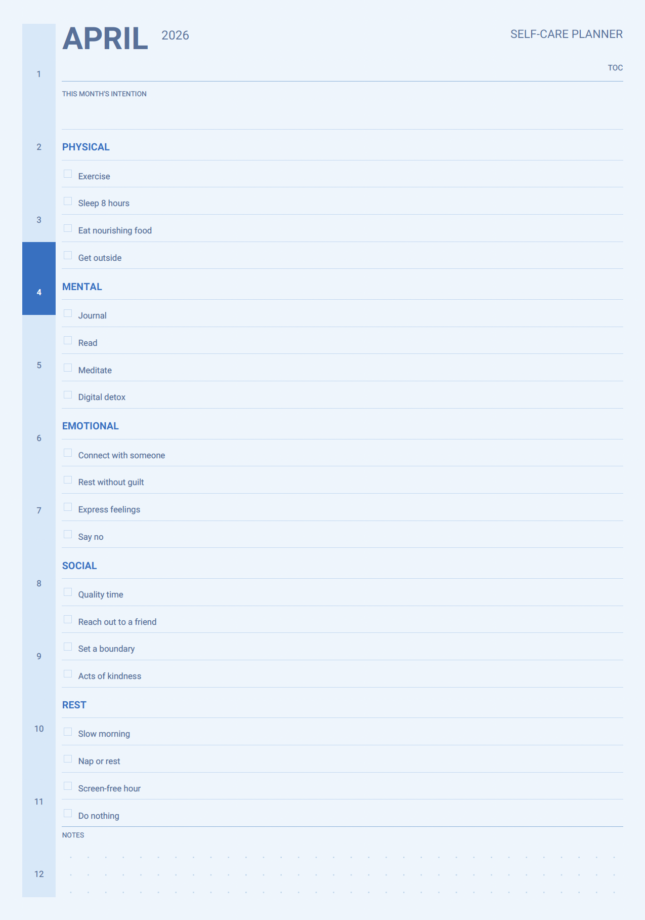 Recovery self care planner page