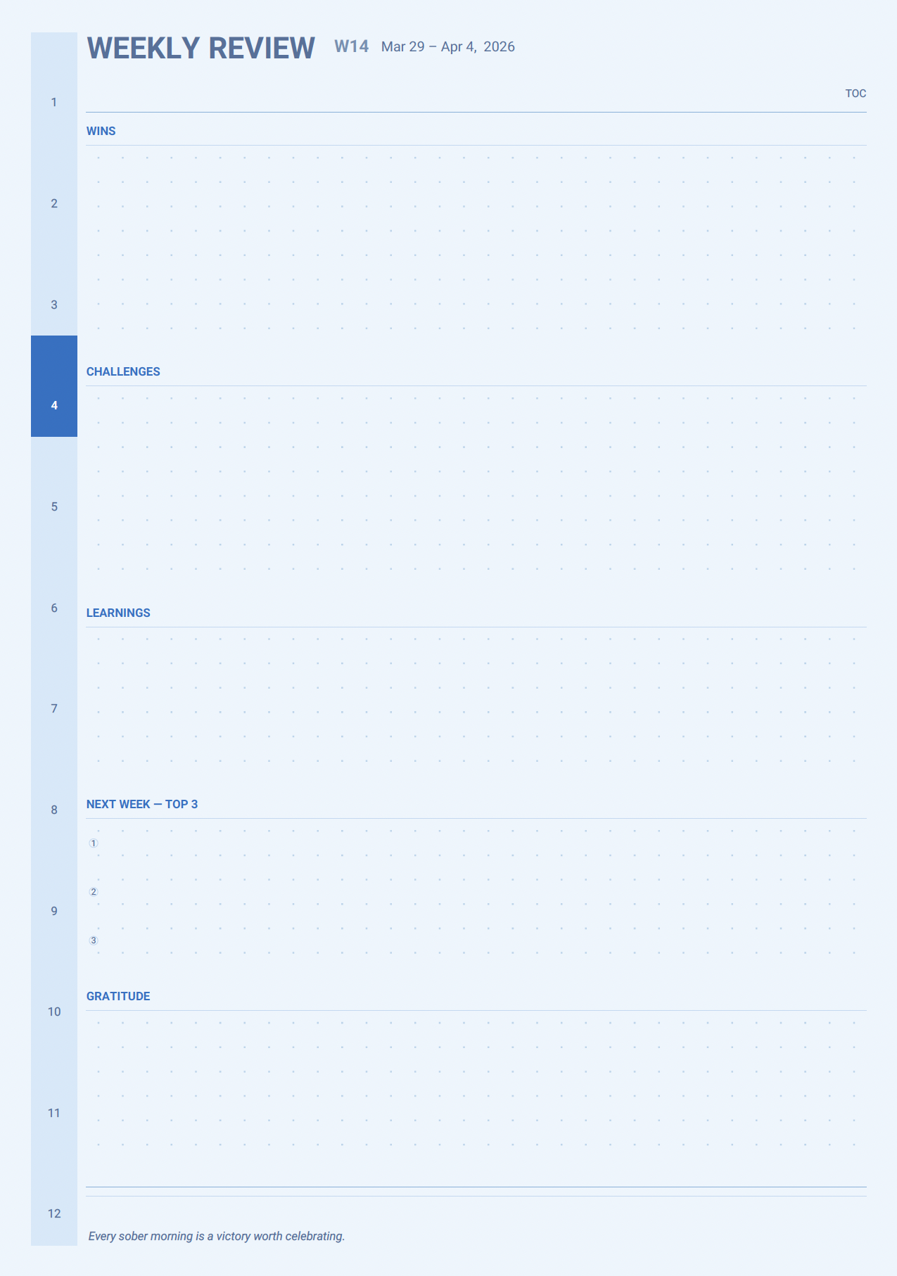 Recovery weekly review page