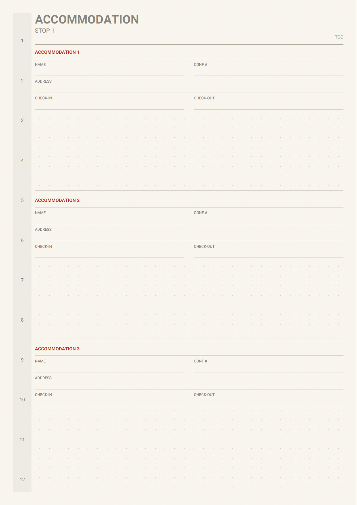 Accommodation and transport log page