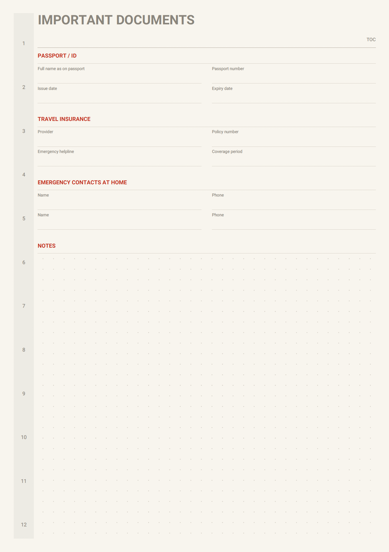 Travel important documents page