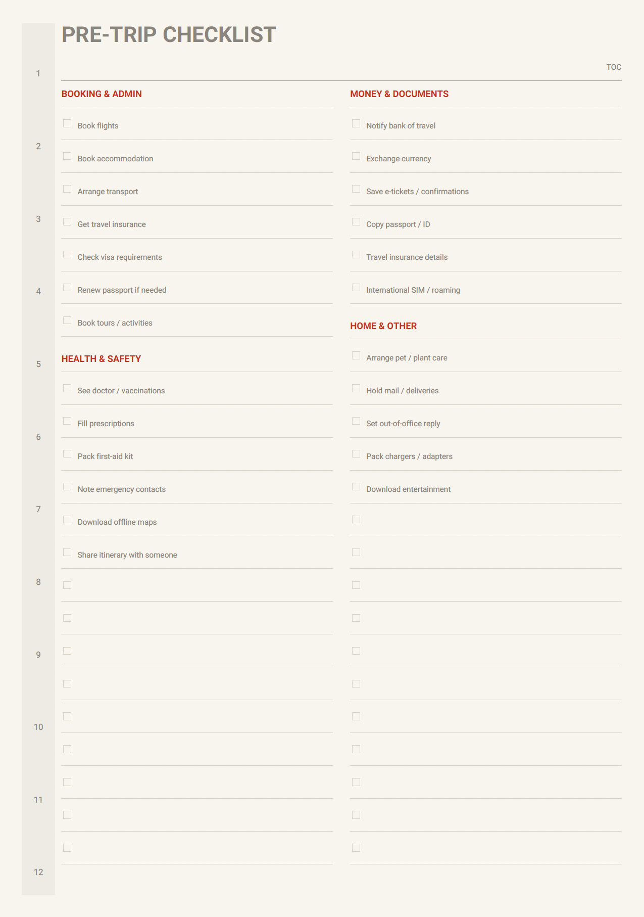 Travel pre-trip checklist page