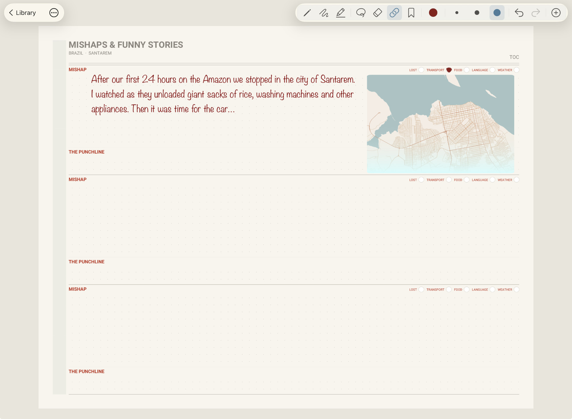 Travel journal showing mishaps and funny stories page with custom map.